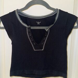 Urban Outfitters Black Short Sleeve Notch Neck Knit Top